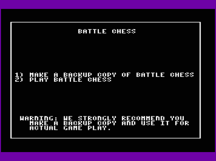 Commodore 64 Emulator -  Battle Chess  (1988) Option Screen to Play a Game or Make a Backup Copy