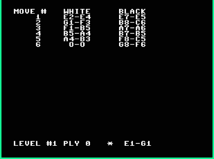 Commodore 64/128  Emulator Chess Master (1983) Move List Screen (Function Key F1)