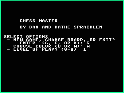 Commodore 64/128  Emulator Chess Master (1983) Game Options (Function Key F5)
