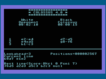 Commodore 64  Emulator Colossus Chess 4.0 (1985)  Analysis Screen (SPACE BAR)