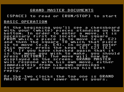Commodore 64 Emulator  Grandmaster Chess  (1982) Game Instructions