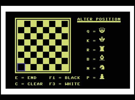 Commodore 64 Emulator -  Schach V1 (Grobi 1.0) (1988) Board Setup Screen