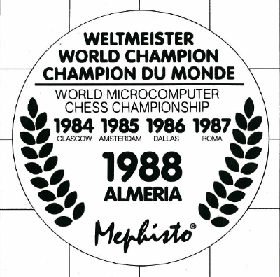 Picture shows �Almeria 1988� this was Mephisto�s and programmer Richard Lang�s 5th consecutive World Microcomputer Chess Championship (WMCCC) success.