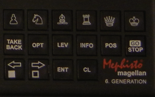 Picture shows Mephisto Magellan program module 16 Key controls.  