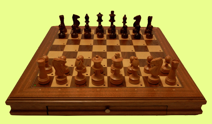 Front view of MEPHISTO MUENCHEN chess board showing the modular game drawer in closed position.  
