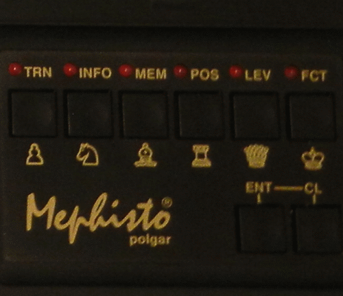 Picture shows �Mephisto Polgar� game control keys.  There are 8 buttons used level set up and game options.