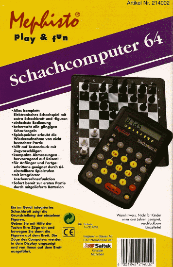 �MEPHISTO SCHACHCOMPUTER 64�  Box (back).  Inserting Lithium battery and playing 1. e2-e4 using default level setting resulted in the reply 1. ... d7-d5 from the computer as seen in picture on the box and actual photos below.