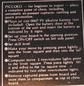 Instructions printed on the �NOVAG PICCOLO�  chess computer