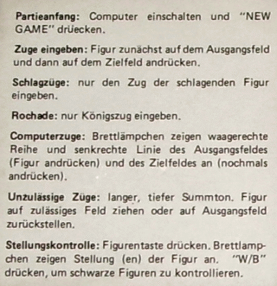 Close up of German Instructions printed on the chess computer