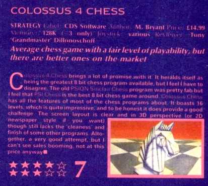 �Spectrum Colossus Chess 4� taken from Sinclair User issue 4, 1988